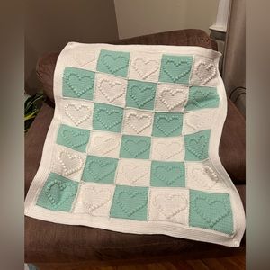 BABY BLANKET - Hand crocheted, teal and white bobble hearts, 39x 36w NEW, unused